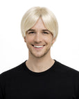 Person wearing a blonde wig on a white background