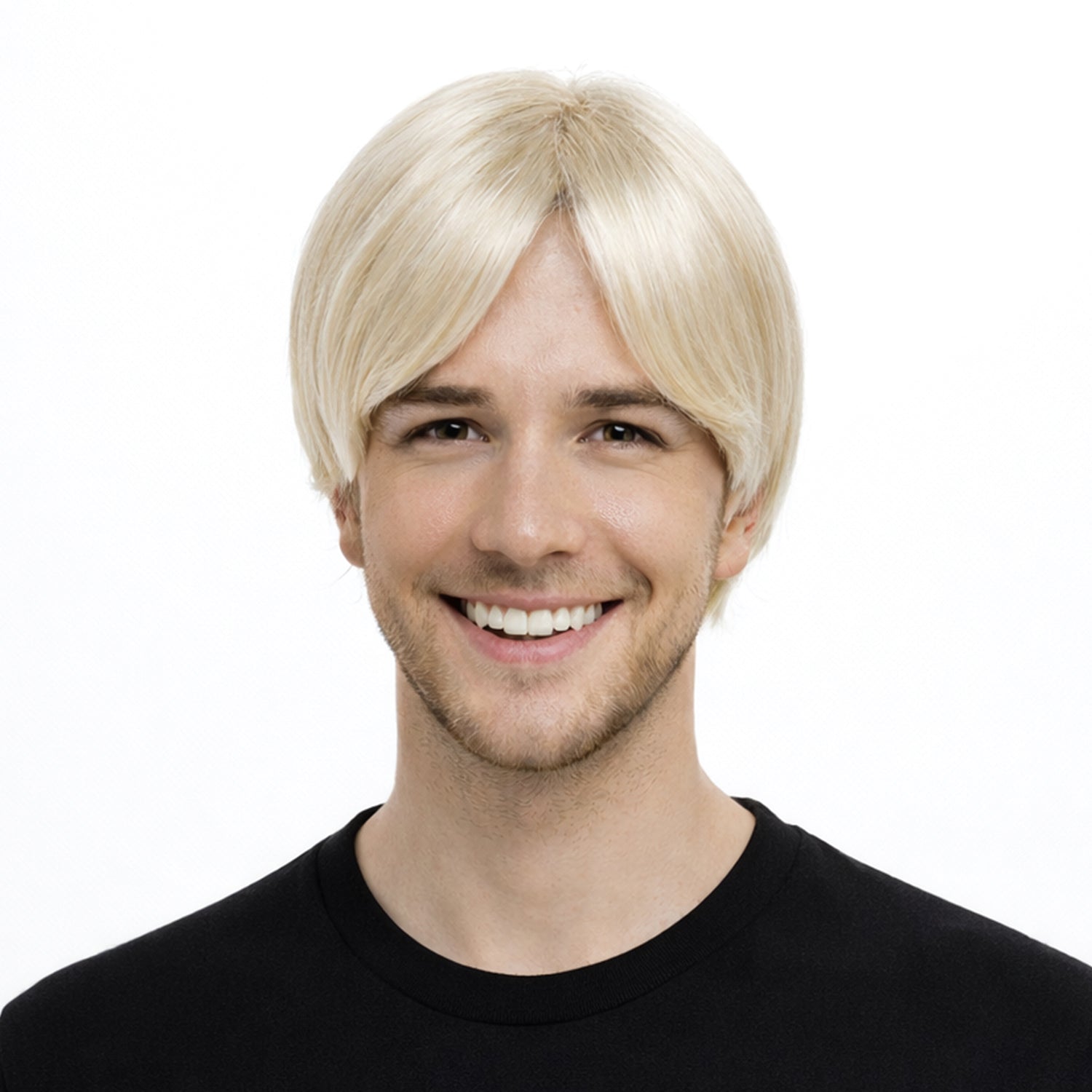 Person wearing a blonde wig on a white background
