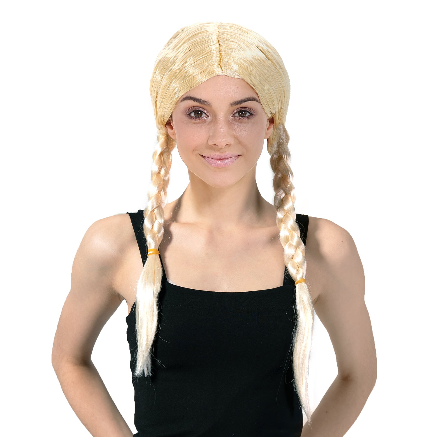 Person with blonde braided wig on a white background