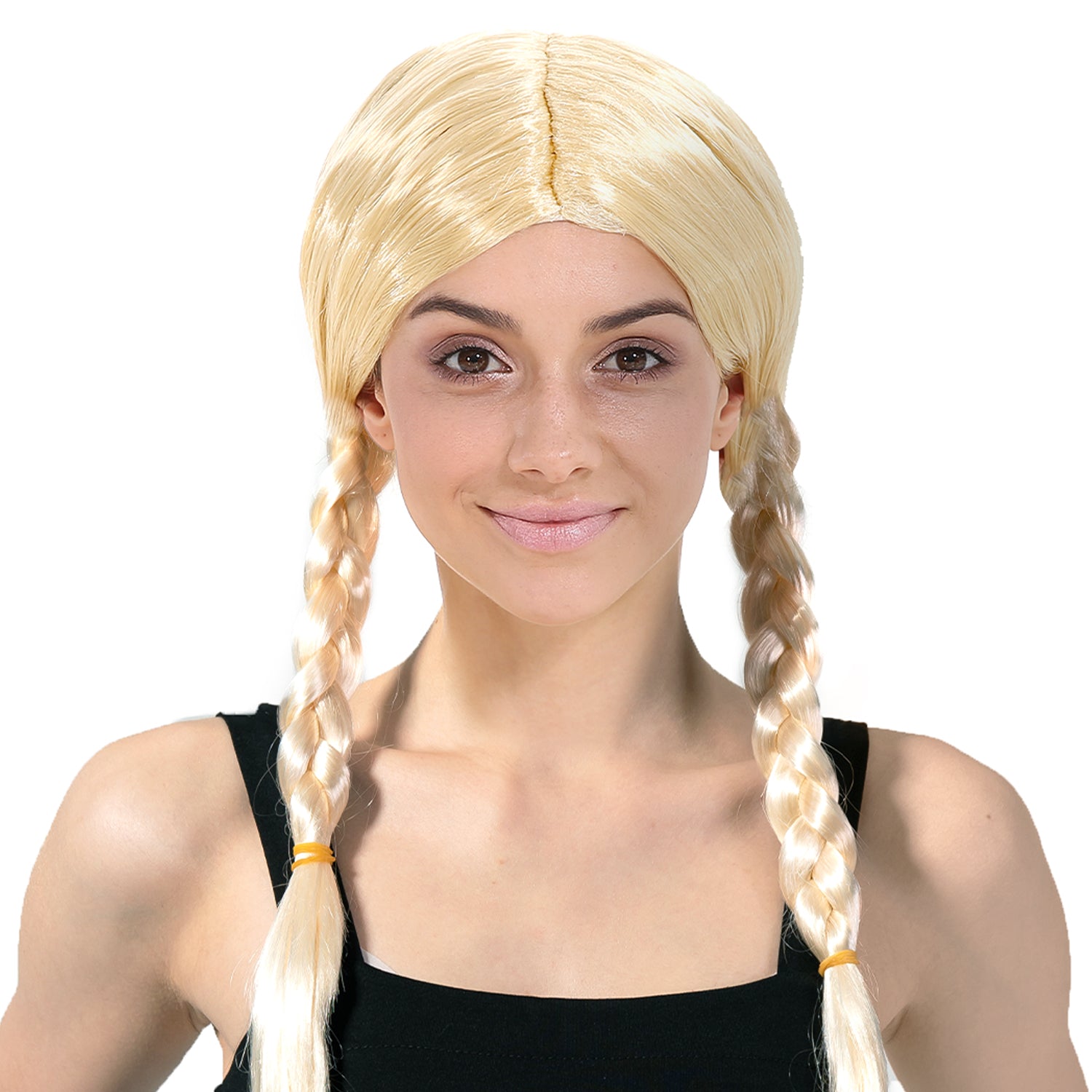 Woman wearing a blonde wig with braided pigtails on a white background