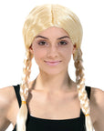 Woman wearing a blonde wig with braided pigtails on a white background
