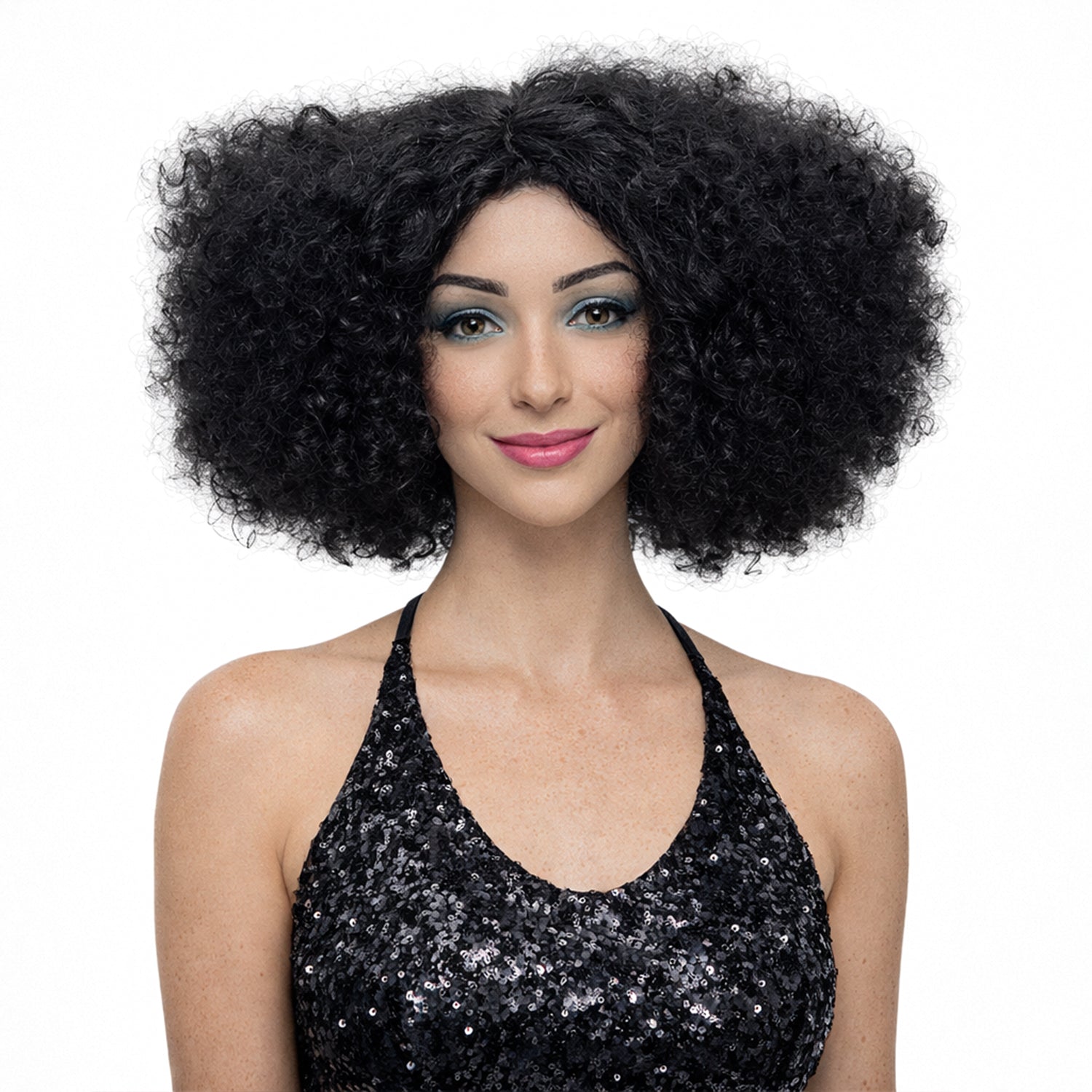 Woman wearing a black curly wig on a white background
