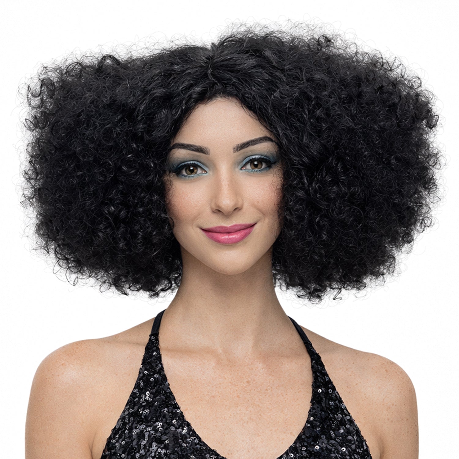 Woman wearing a black curly wig on a white background