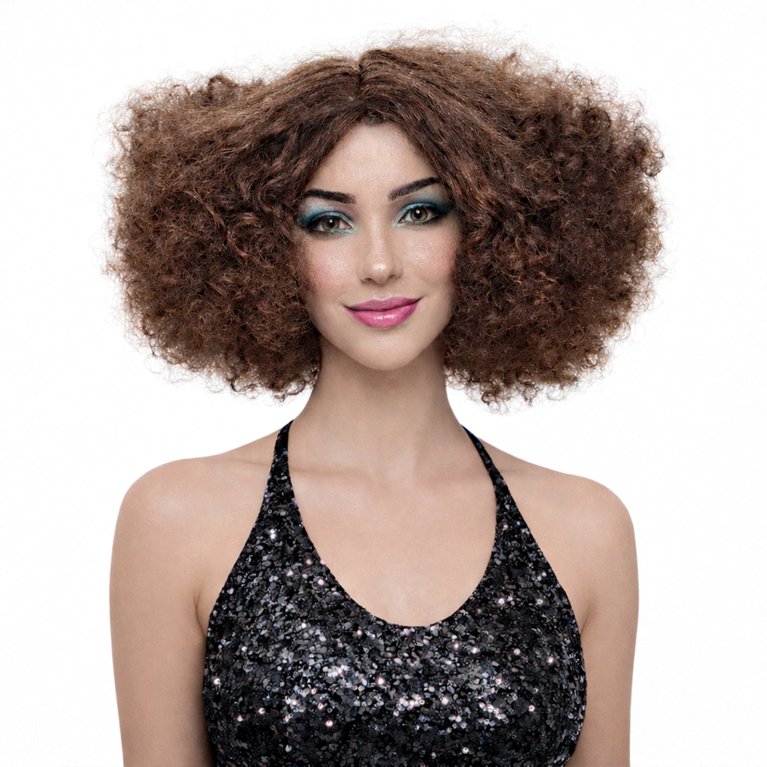 Woman with large afro hairstyle wearing a black sequin top on a white background