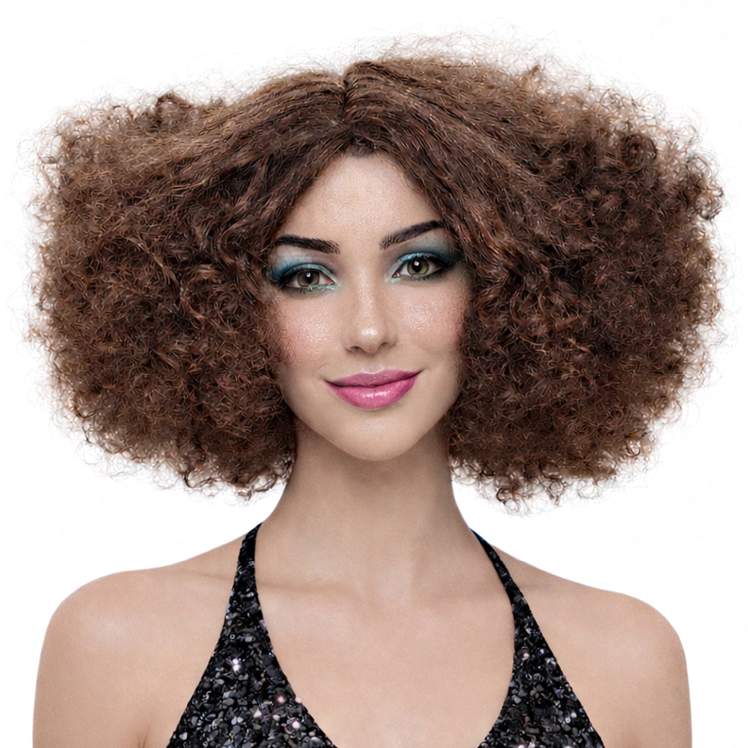 Woman with voluminous brown afro wig on a white background