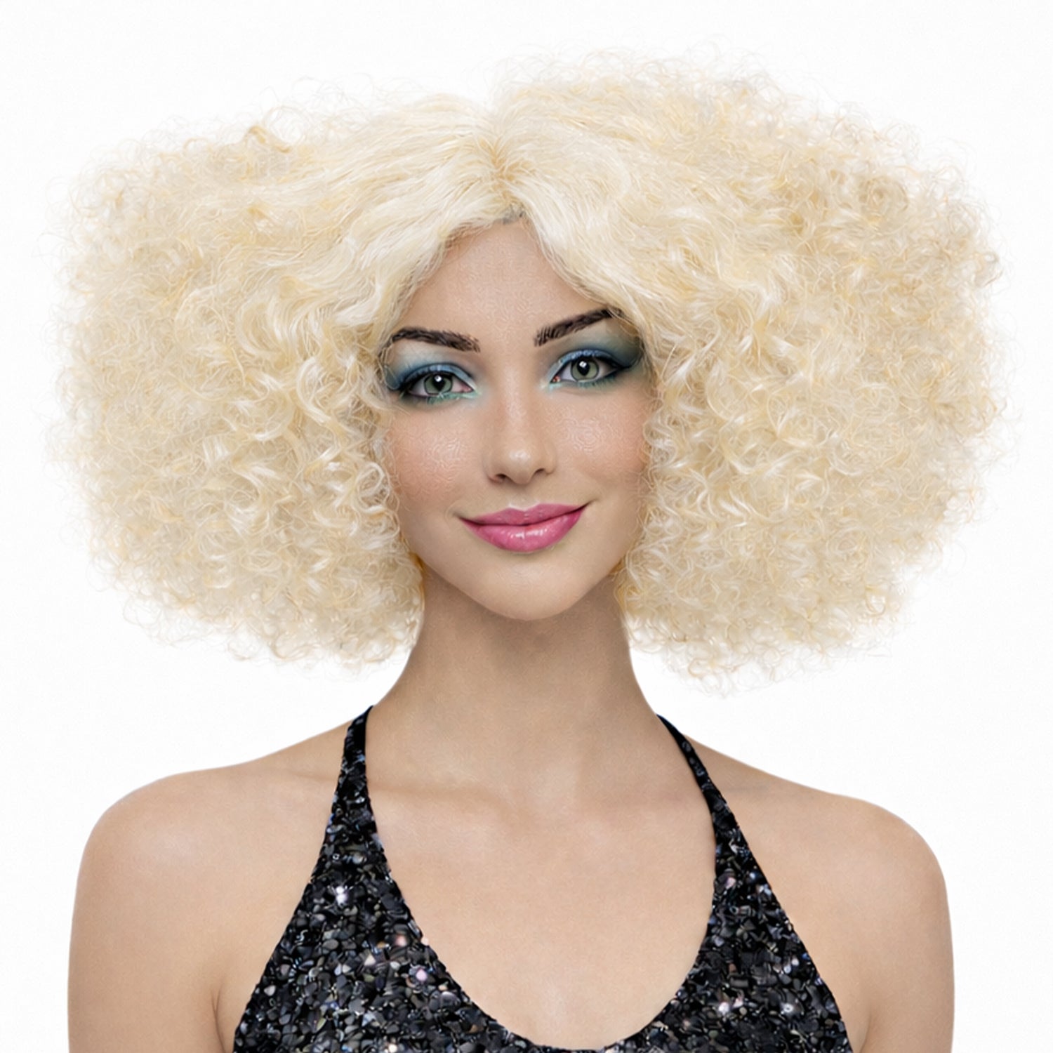 Woman wearing a blonde afro wig on a white background
