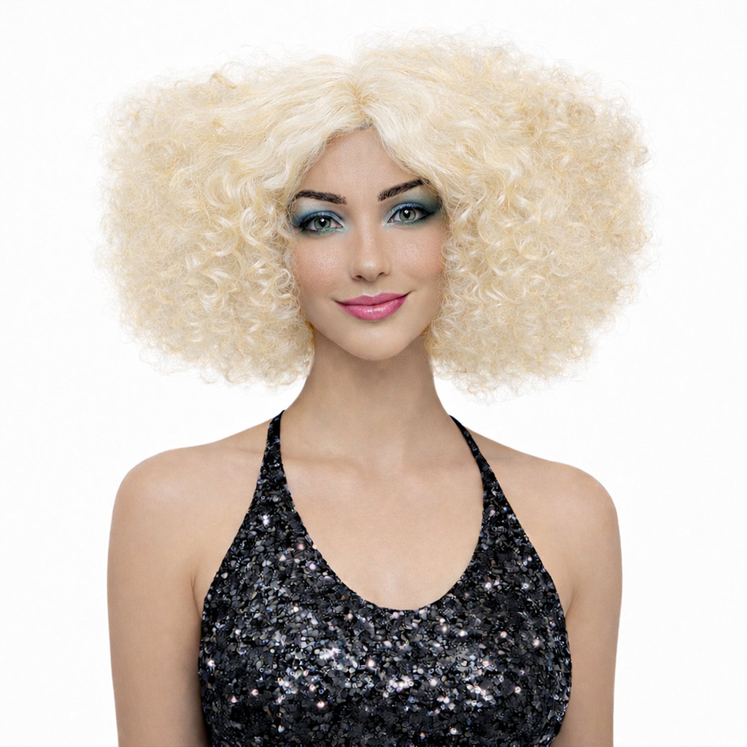 Woman wearing a blonde afro wig on a white background