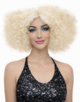 Woman wearing a blonde afro wig on a white background
