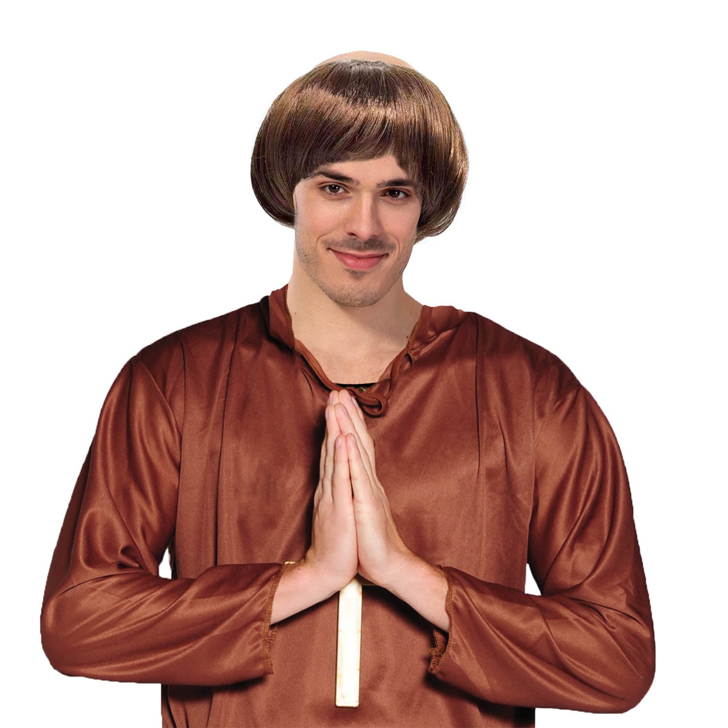 Person wearing a brown satin robe and wig on a white background