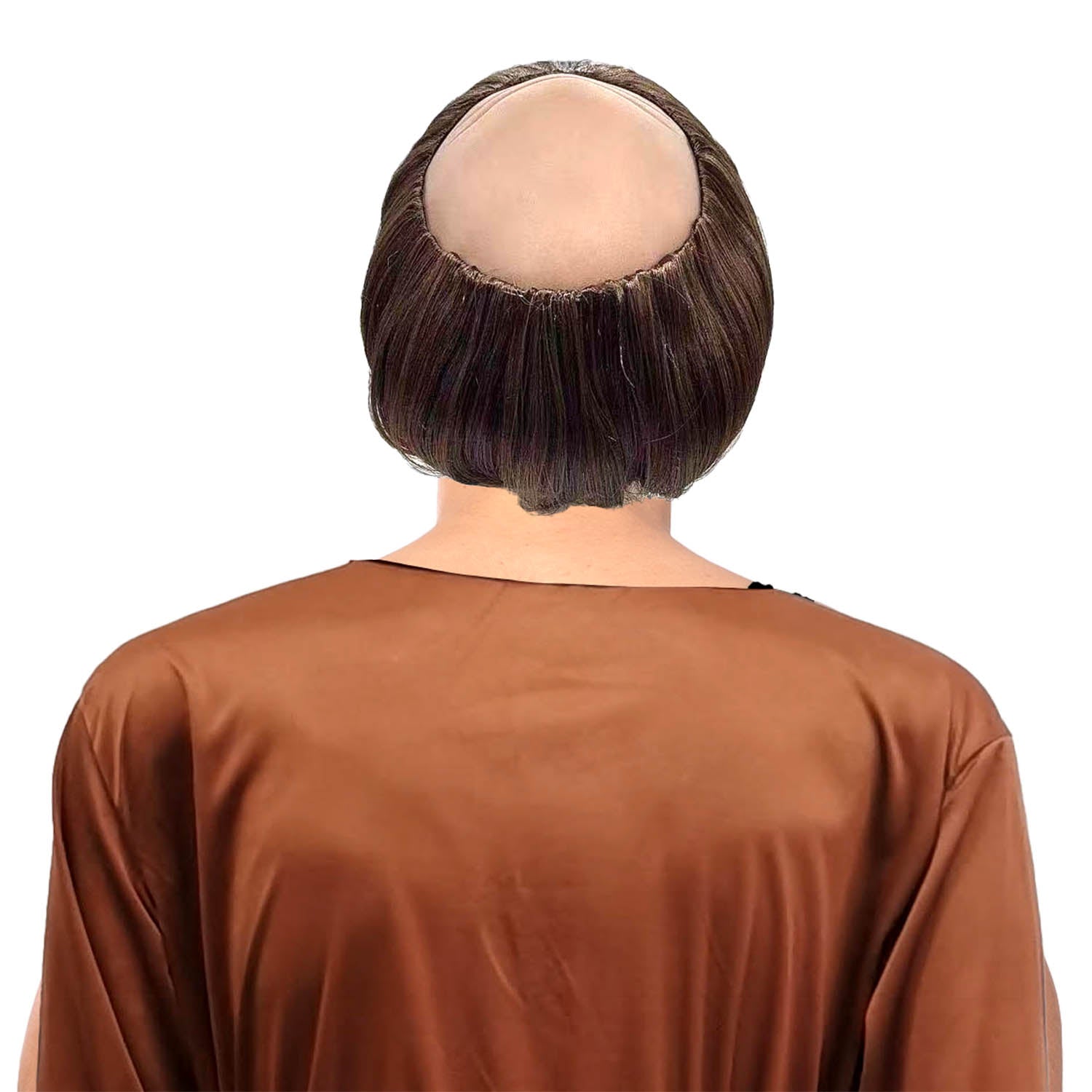 Person wearing a monk wig with a brown shirt on a white background