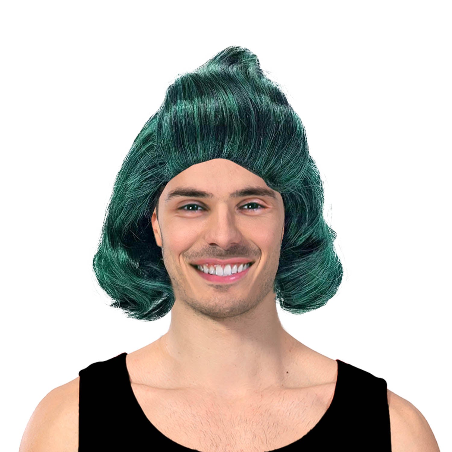 Person wearing a green wig on a white background