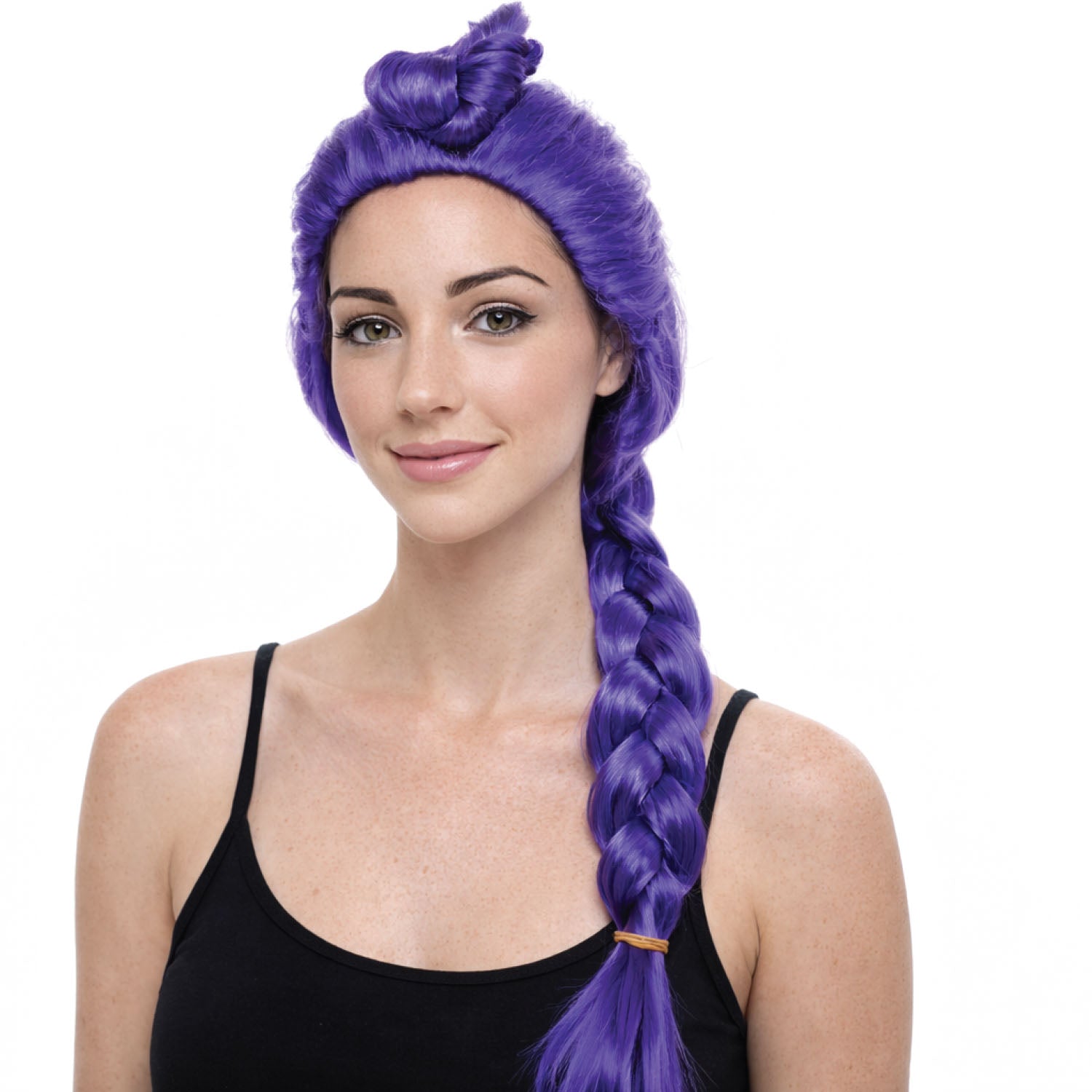 A woman with a bright purple wig styled in a high twisted bun with a long side braid, wearing a black tank top against a plain white background.