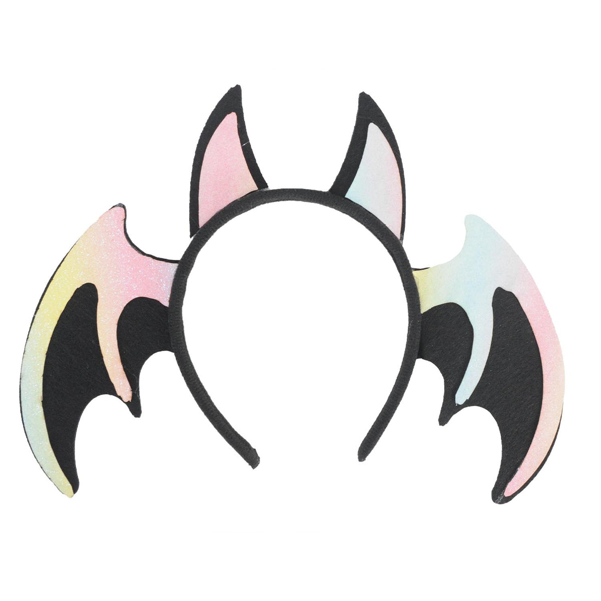 A bat-themed headband featuring two black bat wings with iridescent pastel pink, yellow, and blue edges, and two black bat ears on a white background.