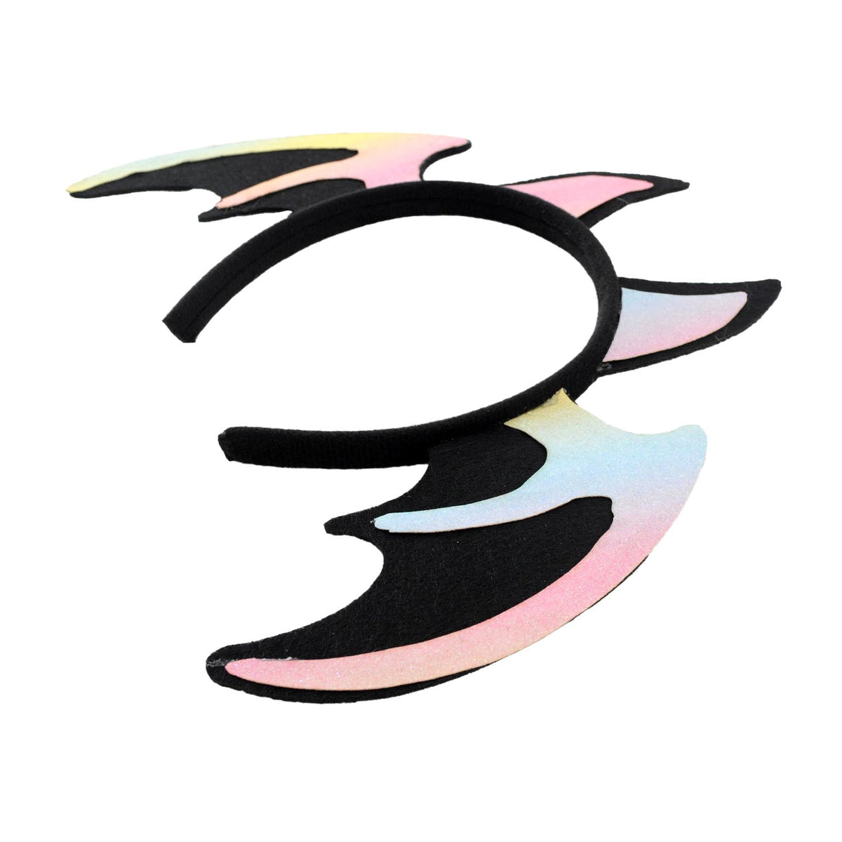 A black headband with three curved, iridescent wing-like pieces attached, shown on a plain white background.