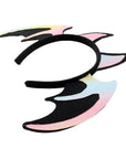 A black headband with three curved, iridescent wing-like pieces attached, shown on a plain white background.