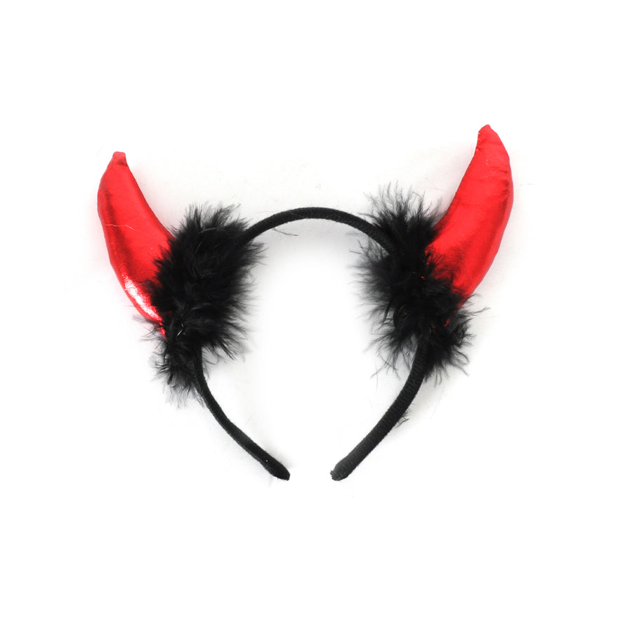 Devil Metallic Horns Headband with Black Fluff