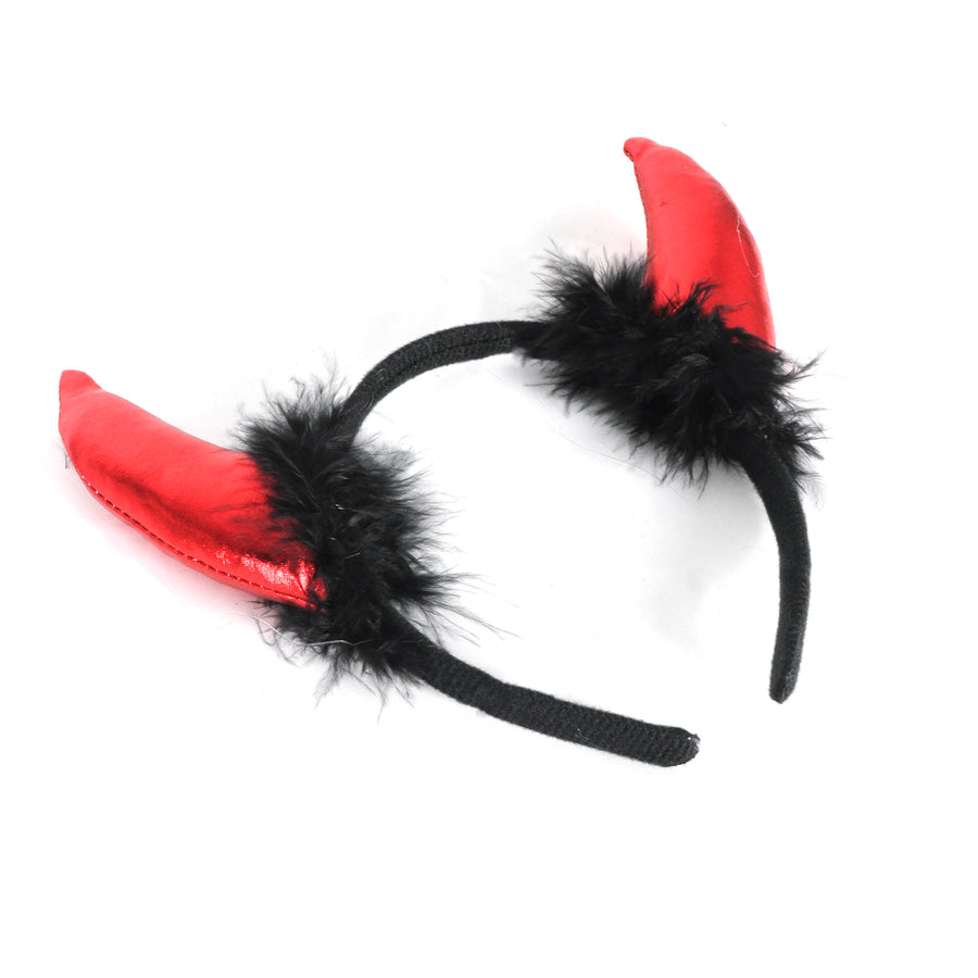 Devil Metallic Horns Headband with Black Fluff