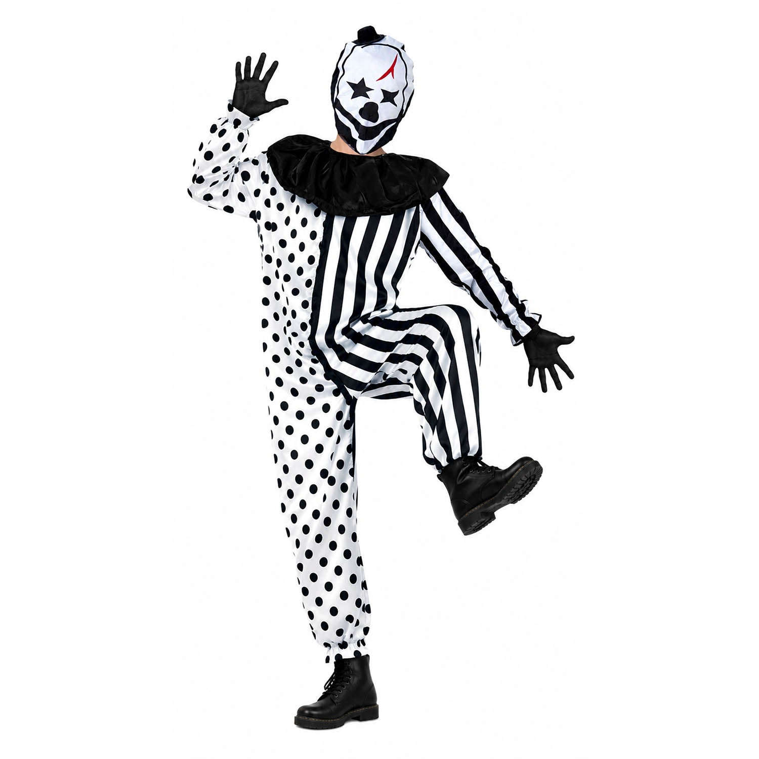 A person modeling a black and white clown costume with a polka-dot one-piece, black-and-white striped long-sleeve top, black ruffled collar, black gloves, black boots, and a white mask with black and red details, posed against a plain white background.