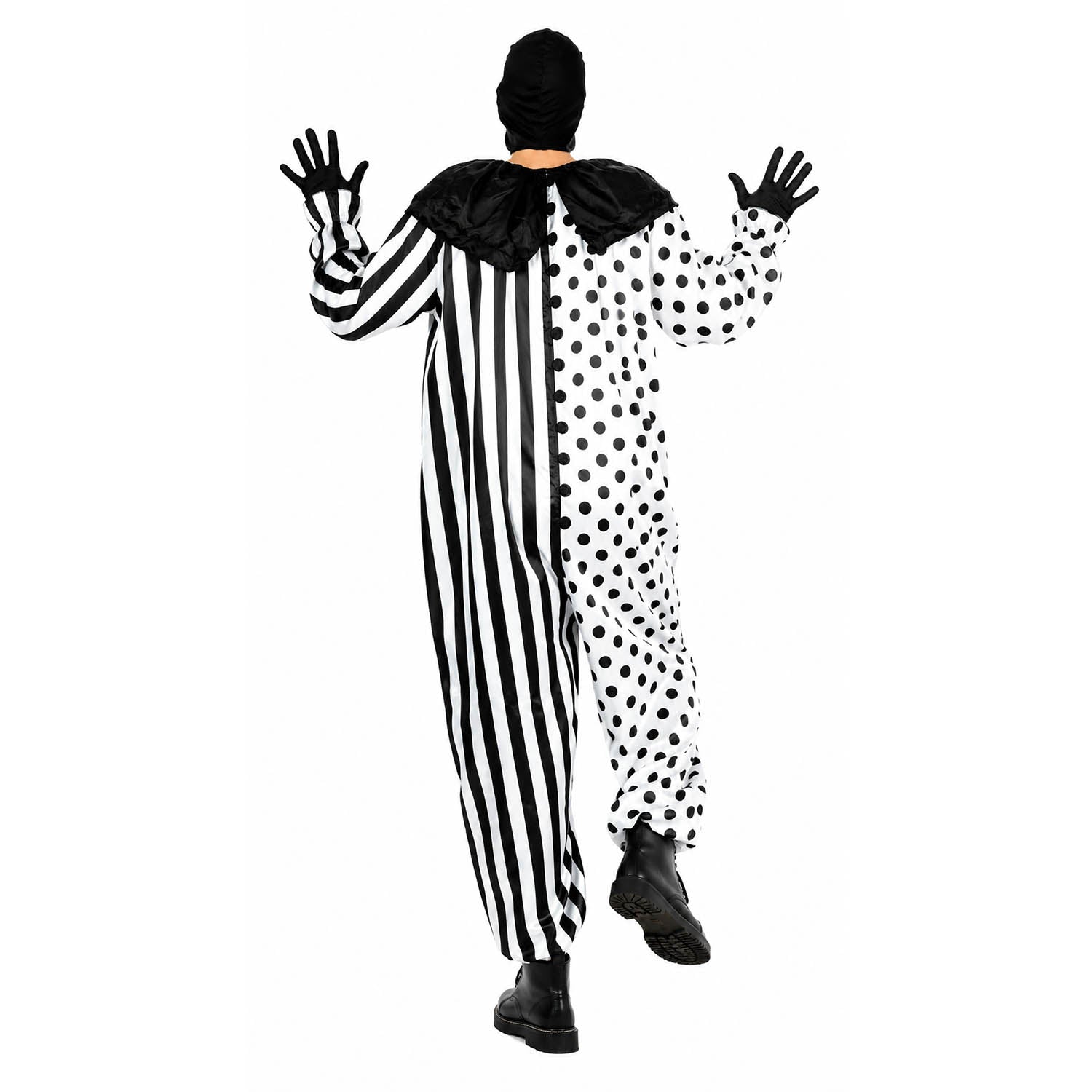 A person modeling a one-piece clown costume from the back, featuring a split design with black and white vertical stripes on one side and black polka dots on a white background on the other. The costume includes a black ruffled collar, black gloves, and a black hat, shown against a plain white background.
