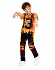 A child modeling a zombie-themed Halloween costume consisting of a short-sleeve top and matching pants with a distressed black and orange print, blood splatter details, and a zombie face graphic on the chest, paired with white sneakers against a plain white background.