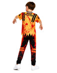 A child model shown from the back wearing a zombie-style one-piece costume with a tattered yellow, orange, and red print, black text reading 'DEAD PLAYER' on the back, and black-and-red distressed graphics on the pants, against a plain white background.