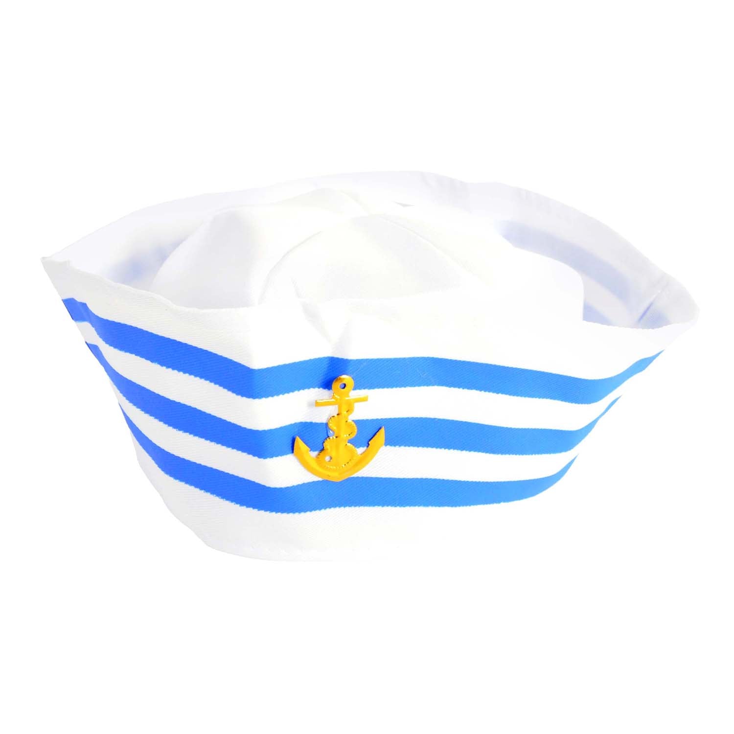 A white sailor-style hat with blue horizontal stripes and a small yellow anchor emblem on the front, shown against a plain white background.