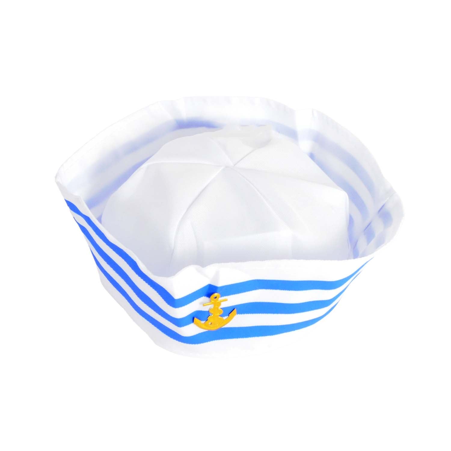 A white sailor-style hat with blue horizontal stripes and a small gold anchor emblem on the front, shown on a plain white background.