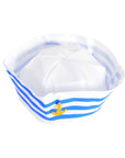 A white sailor-style hat with blue horizontal stripes and a small gold anchor emblem on the front, shown on a plain white background.