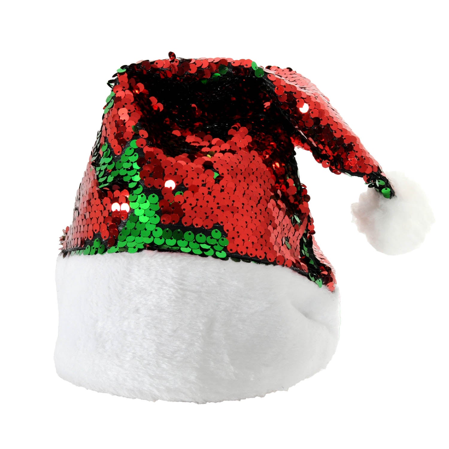 Red and green sequin Santa hat on a white background