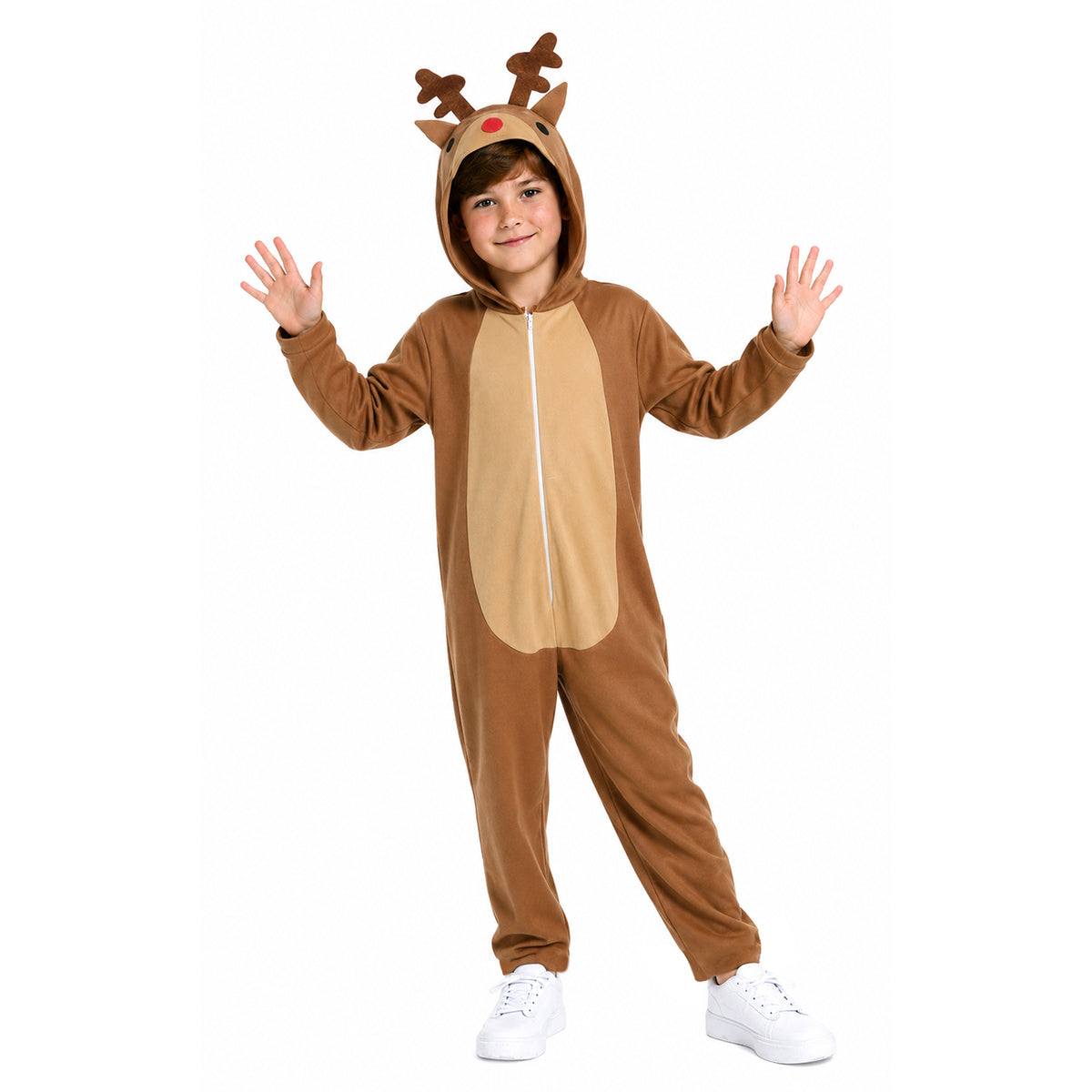 A child wearing a brown and tan reindeer onesie costume with antlers and a red nose detail, standing against a plain white background with hands raised.