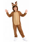 A child wearing a brown and tan reindeer onesie costume with antlers and a red nose detail, standing against a plain white background with hands raised.