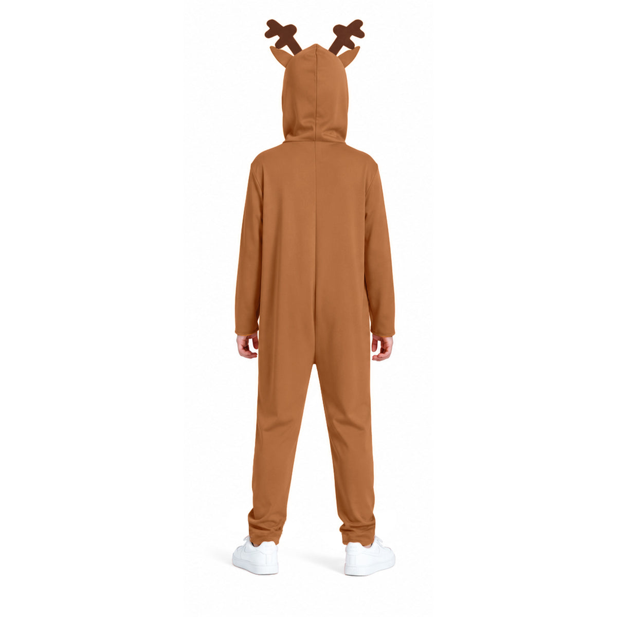 A child viewed from the back wearing a brown reindeer costume jumpsuit with antlers on the hood, standing against a plain white background.