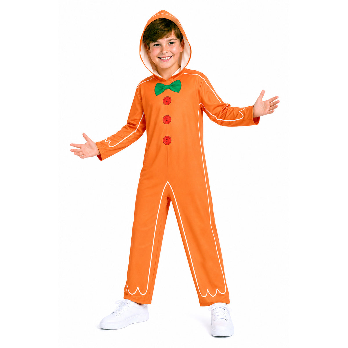 A child wearing an orange gingerbread man costume jumpsuit with white piping, red buttons, and a green bow tie, standing against a plain white background.
