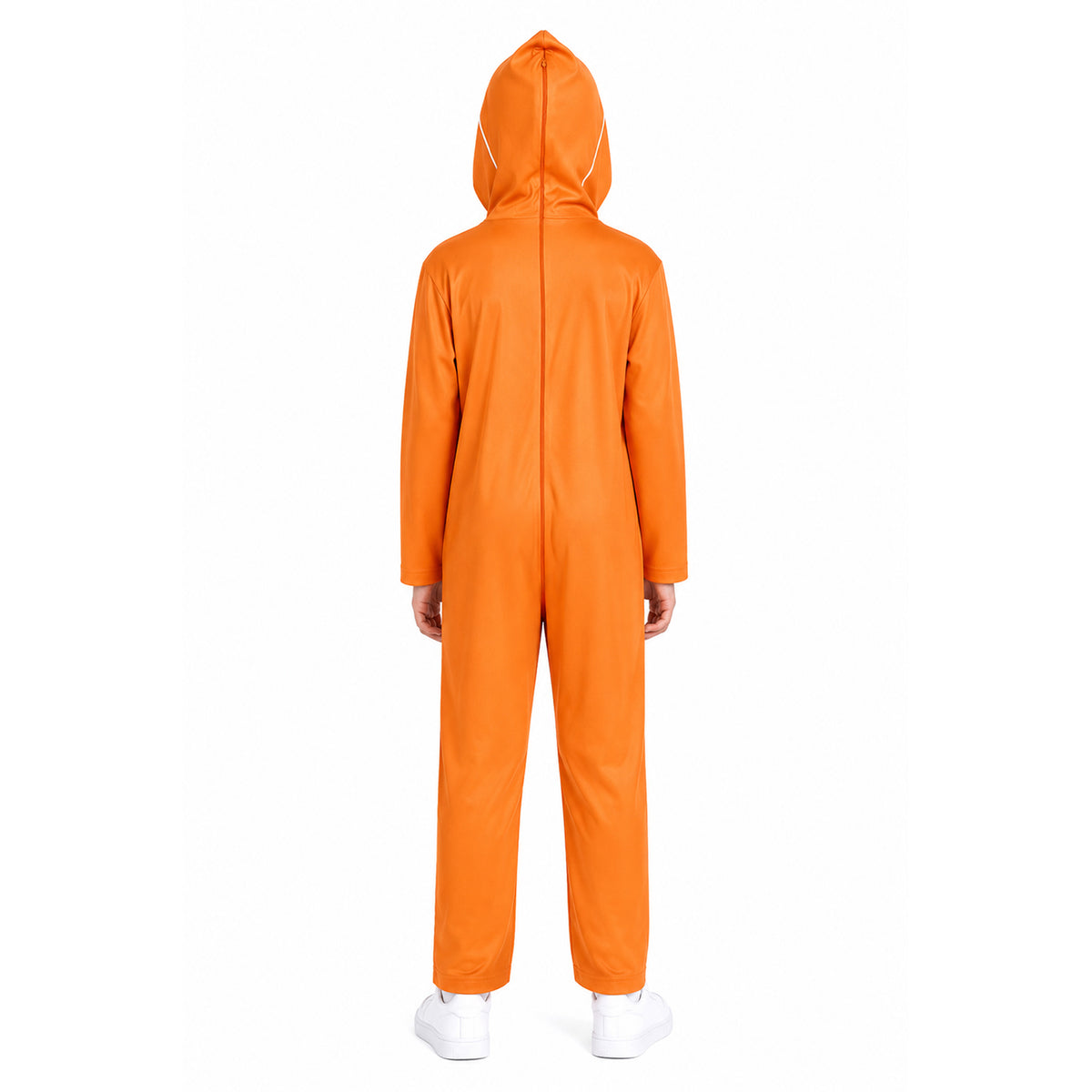 A child viewed from the back wearing a bright orange hooded jumpsuit, standing against a plain white background.