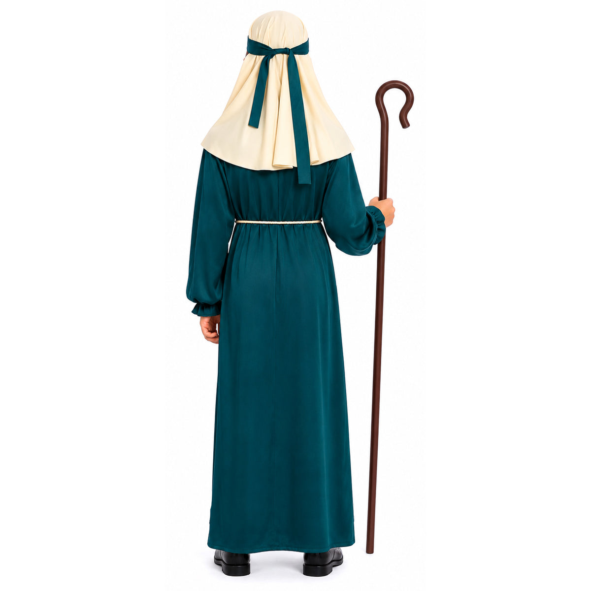 A child shown from the back wearing a long teal robe with a cream neck drape tied with a teal ribbon, holding a brown shepherd's staff against a plain white background.