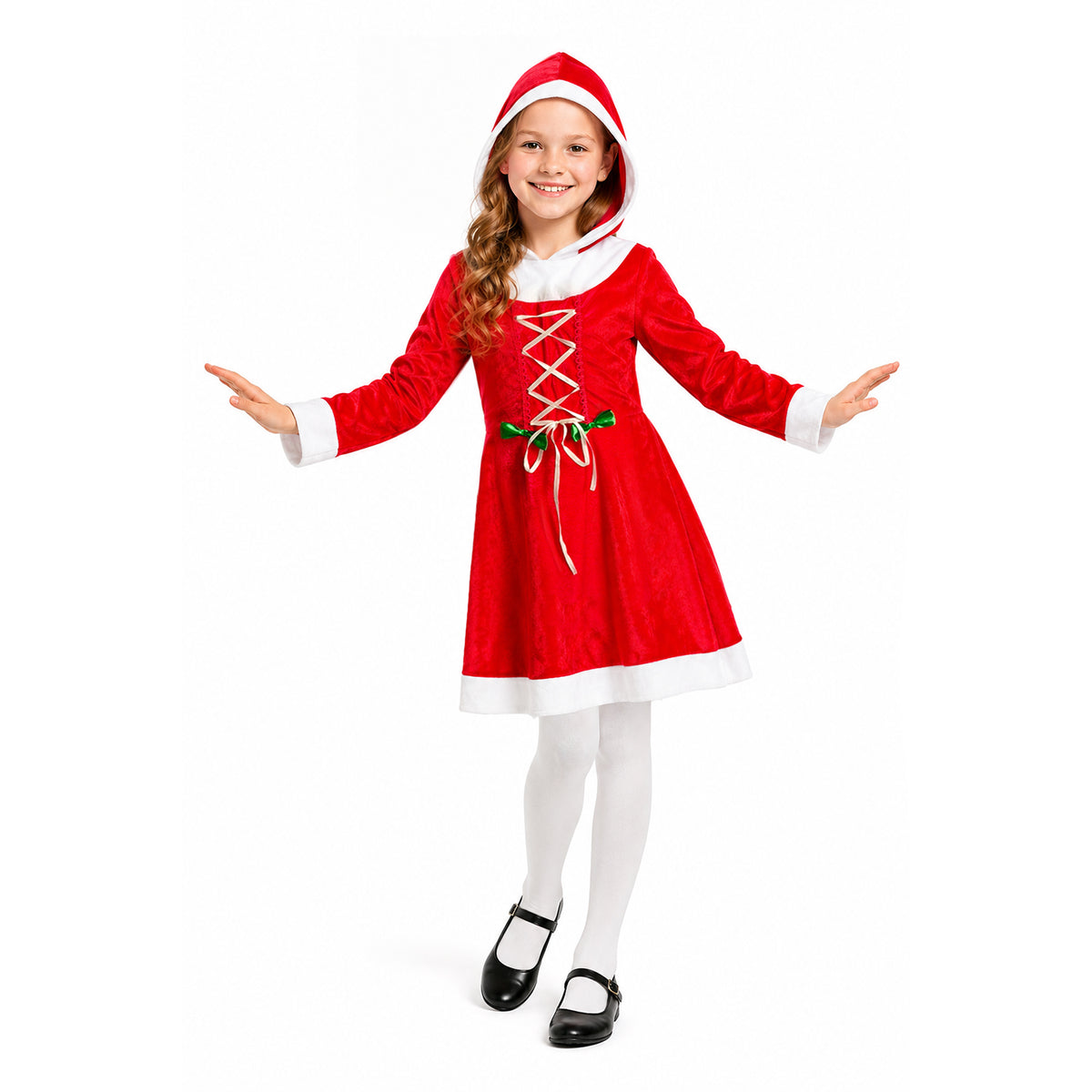 A young girl modeling a red and white Santa Claus costume dress with white tights and black Mary Jane shoes, posed against a solid white background.