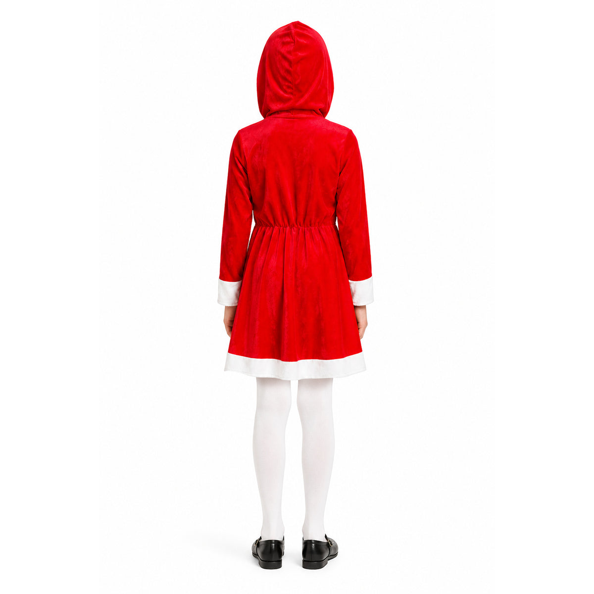 A child shown from the back wearing a red hooded dress or costume with white trim at the cuffs and hem, paired with white tights and black shoes, on a plain white studio background.