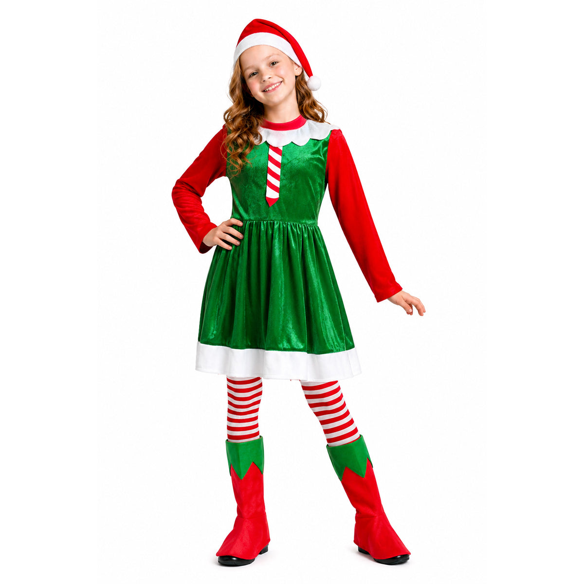 A young girl modeling a shiny green elf costume dress with red long sleeves, a red and white striped chest detail, a matching red and white Santa hat, red and white striped tights, and red elf boots with green panels, against a plain white background.