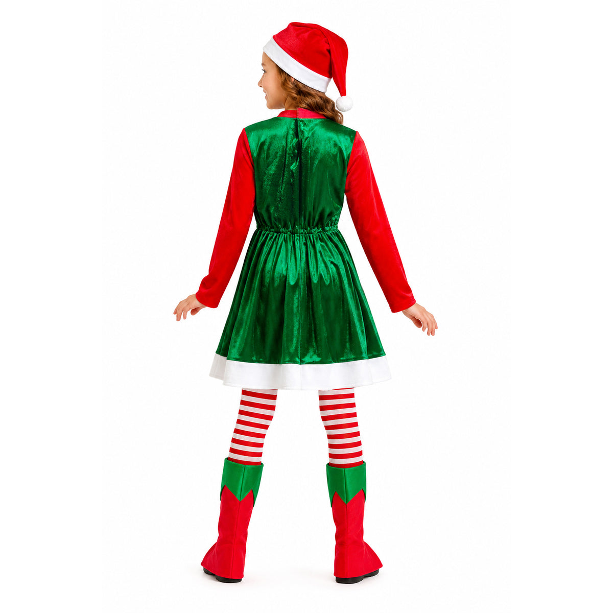 A child model shown from the back wearing a shiny red and green elf costume dress with a Santa hat, red-and-white striped tights, and red-and-green boot covers on a plain white studio background.