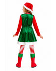 A child model shown from the back wearing a shiny red and green elf costume dress with a Santa hat, red-and-white striped tights, and red-and-green boot covers on a plain white studio background.