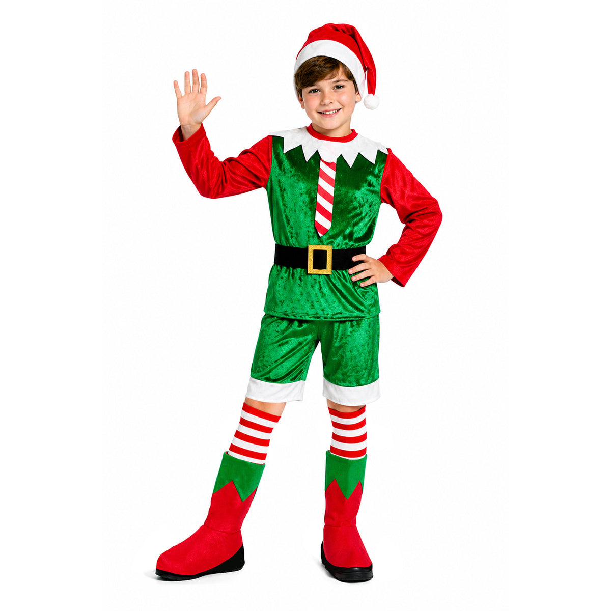 A child modeling a Christmas elf costume consisting of a green velvet vest and shorts with red sleeves, a red and white striped tie, a black belt with a gold buckle, red and green striped socks, red boots, and a Santa hat, set against a plain white background.