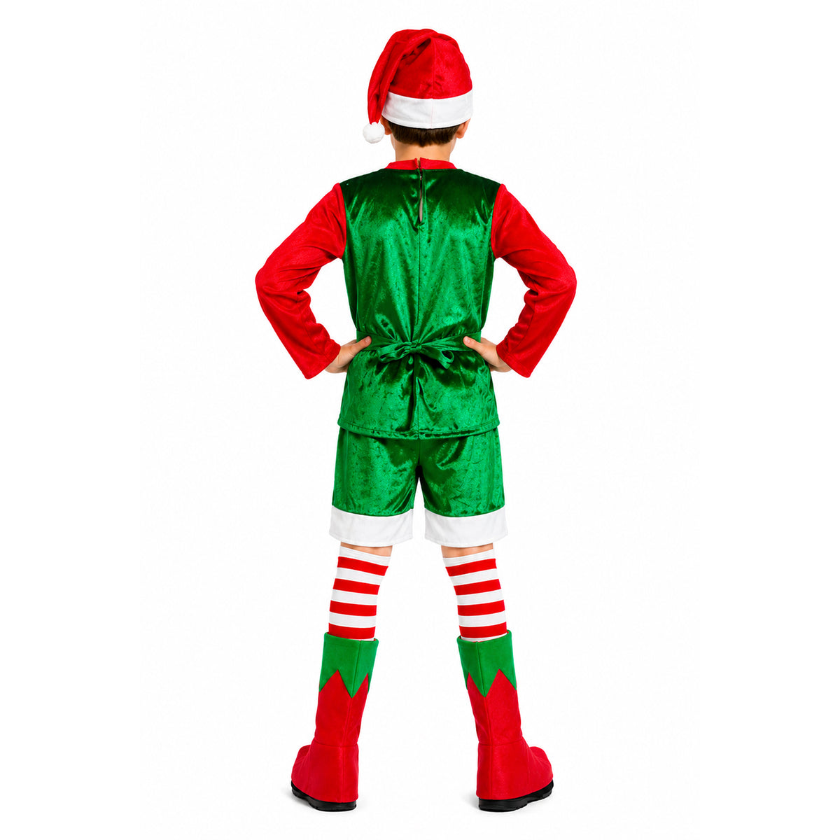 A child shown from the back wearing a Christmas elf costume set with a green velvet vest and shorts, red long sleeves and boots, red-and-white striped socks, and a Santa hat, against a plain white background.