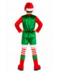 A child shown from the back wearing a Christmas elf costume set with a green velvet vest and shorts, red long sleeves and boots, red-and-white striped socks, and a Santa hat, against a plain white background.