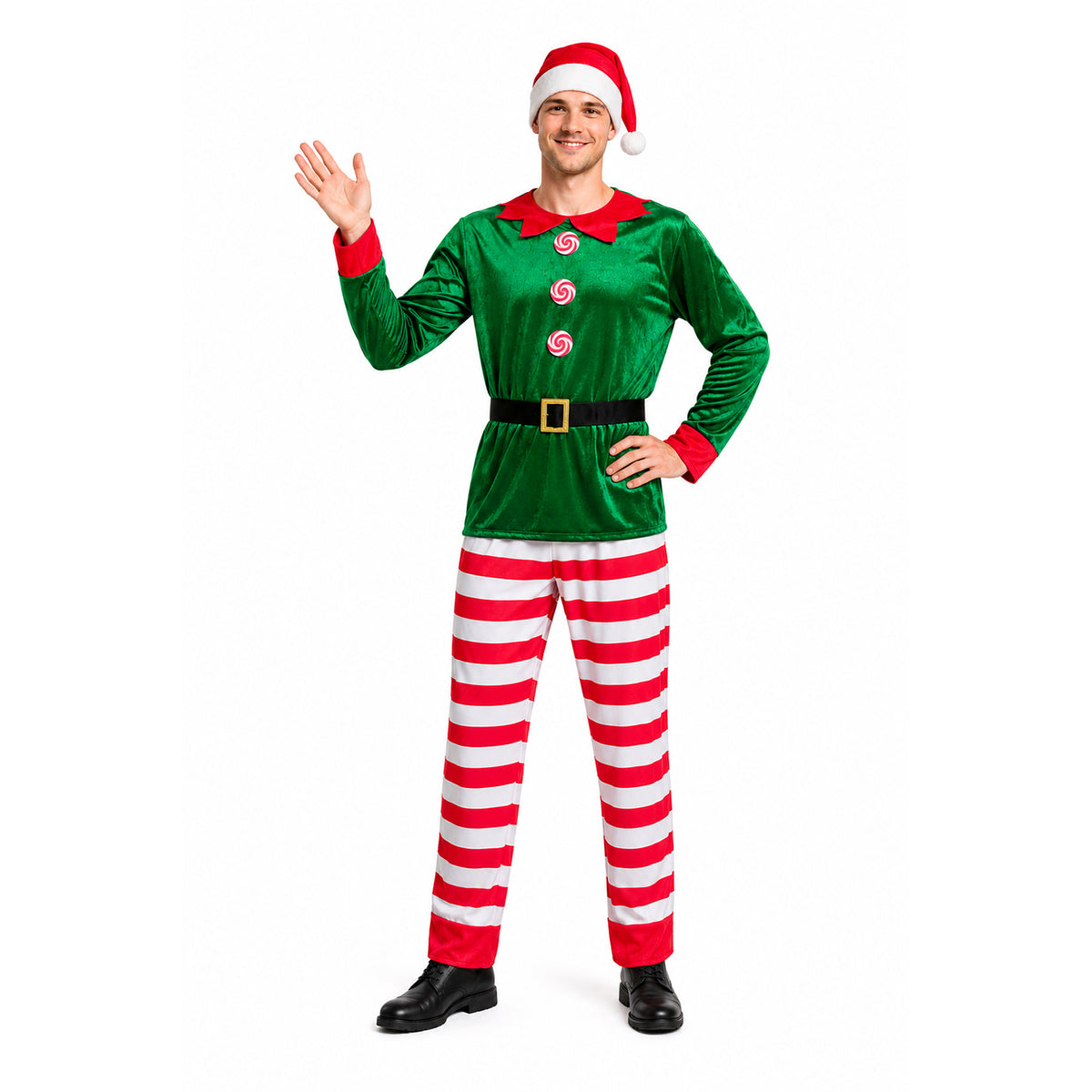 A man modeling a Christmas elf costume against a plain white background. The costume includes a green velvet long-sleeve top with red trim, red cuffs, and red-and-white striped pants, along with a black belt and a red-and-white Santa hat.