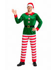 A man modeling a Christmas elf costume against a plain white background. The costume includes a green velvet long-sleeve top with red trim, red cuffs, and red-and-white striped pants, along with a black belt and a red-and-white Santa hat.