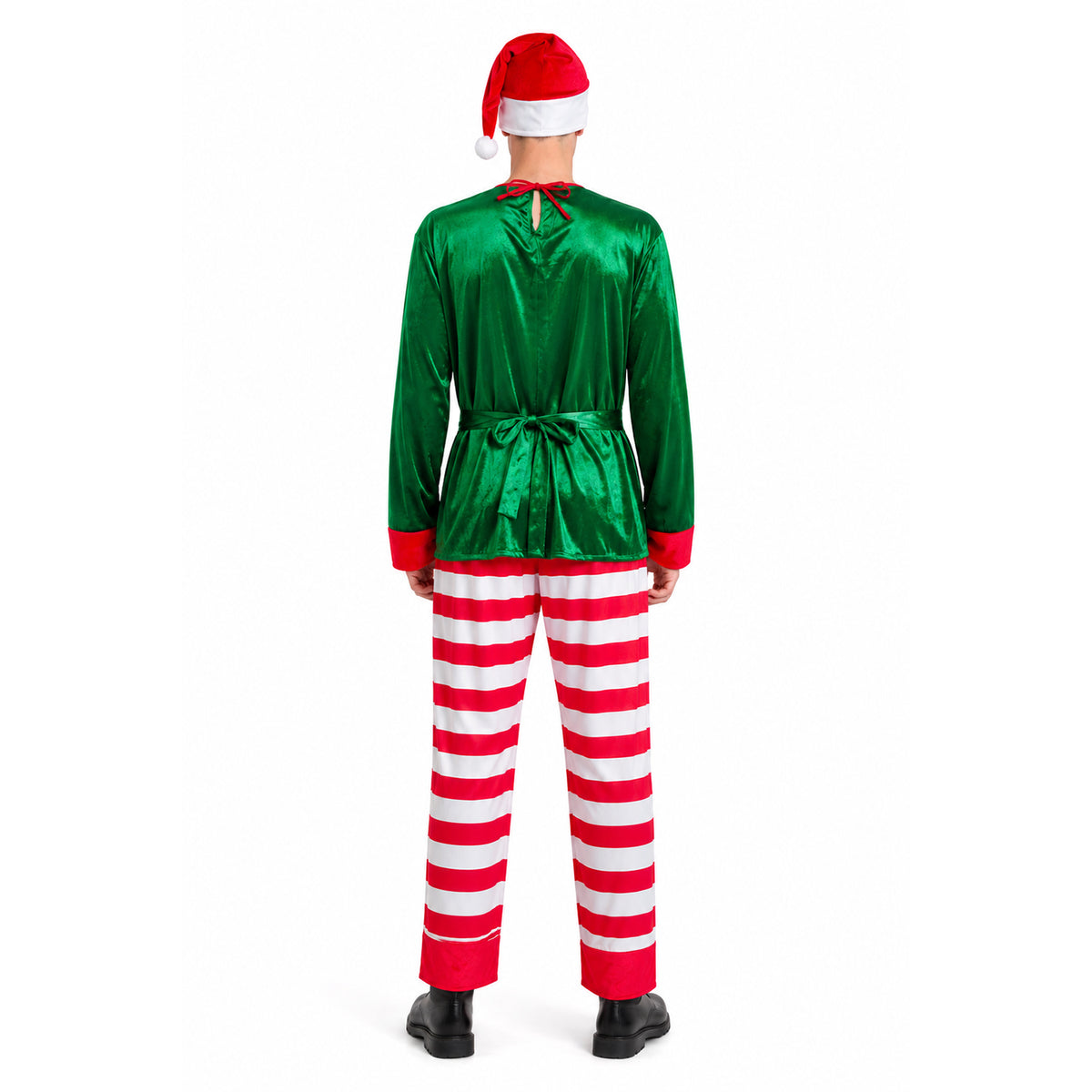 A person shown from the back wearing a Christmas elf costume consisting of a shiny green long-sleeve top with red cuffs and a red bow at the back neckline, red and white striped pants, and a Santa hat, against a plain white background.