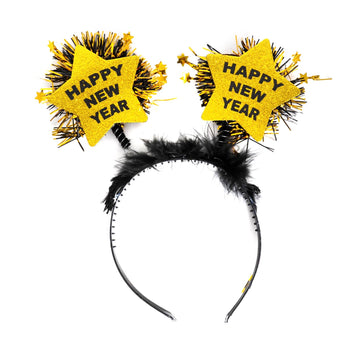 Happy New Year Gold Star Headband with Black Fluff