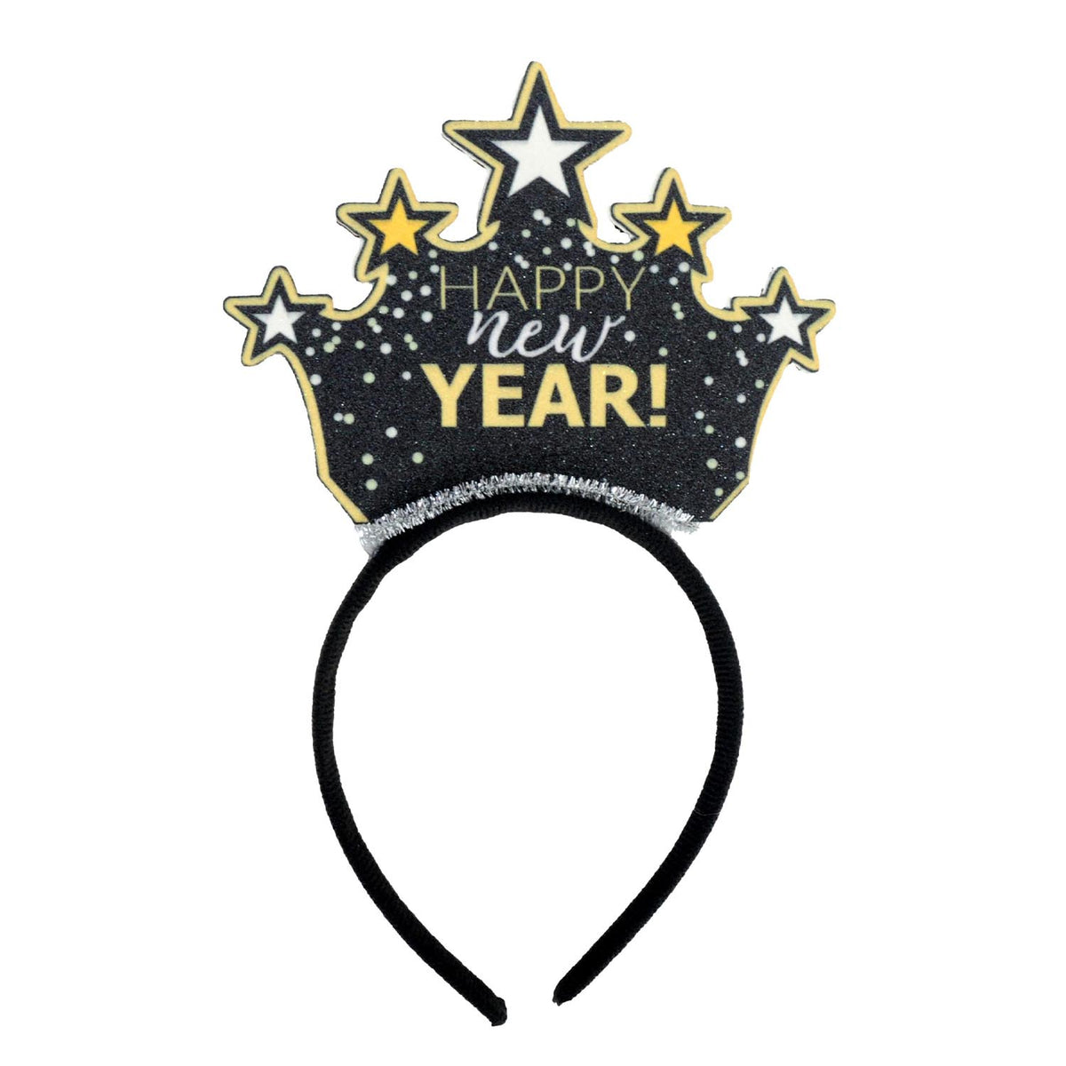 A black New Year's Day crown headband featuring a glittery crown design with gold and white stars and the text 'HAPPY new YEAR!' in gold and white lettering.