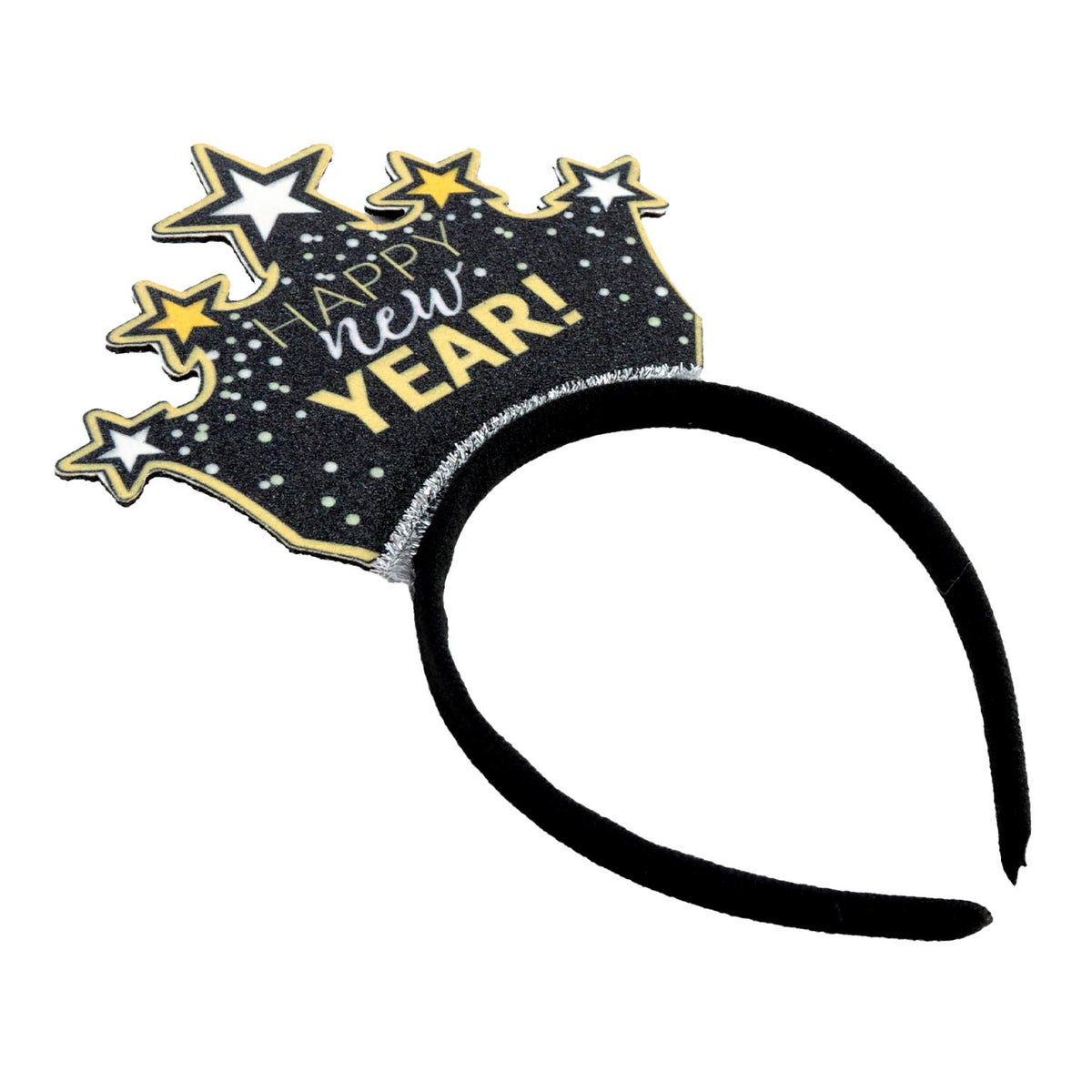 A black headband featuring a decorative crown-shaped party topper with the words 'Happy New Year!' in gold and white, surrounded by glittery stars on a white background.