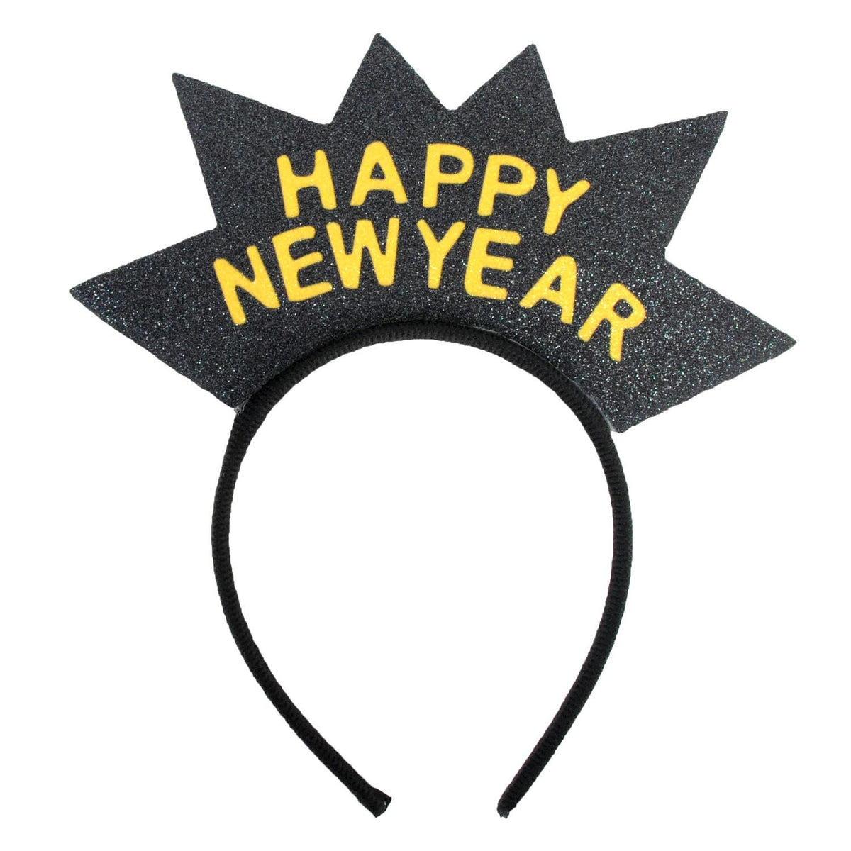 A black glittery starburst party headband with 'HAPPY NEW YEAR' written in yellow glittery letters, shown against a plain white background.